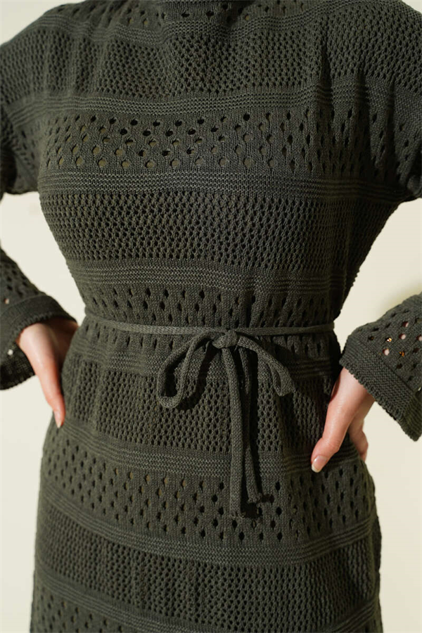 Striped Openwork Pattern Knitted Dress Khaki