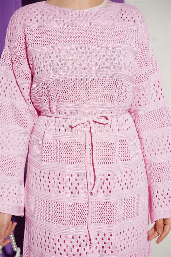 Striped Openwork Pattern Knitted Dress Pink