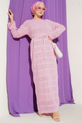 Striped Openwork Pattern Knitted Dress Pink