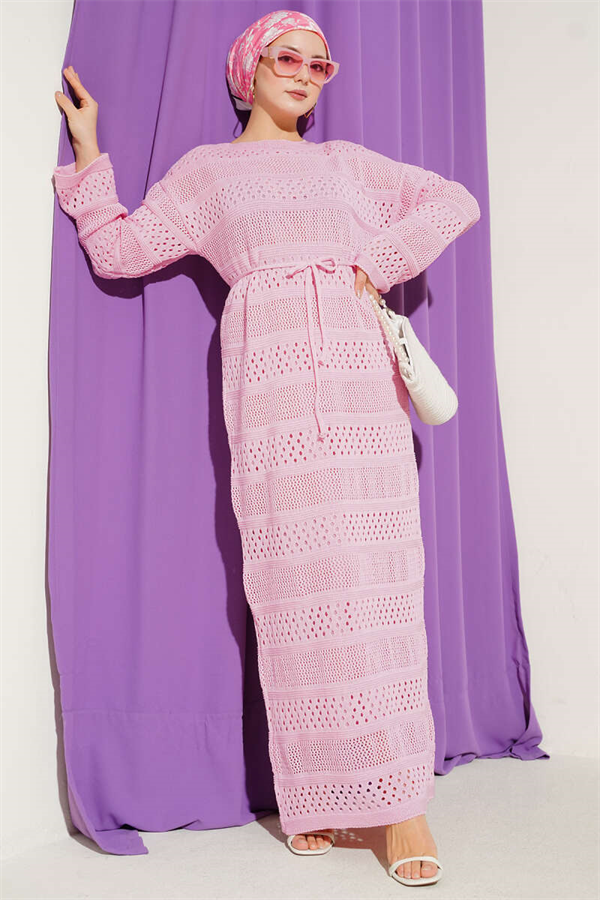 Striped Openwork Pattern Knitted Dress Pink