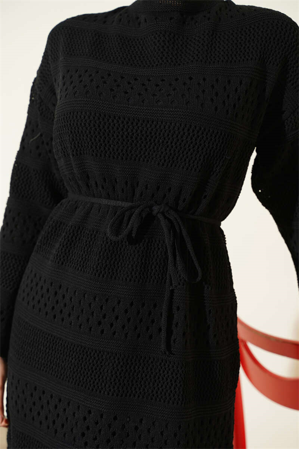 Striped Openwork Pattern Knitted Dress Black