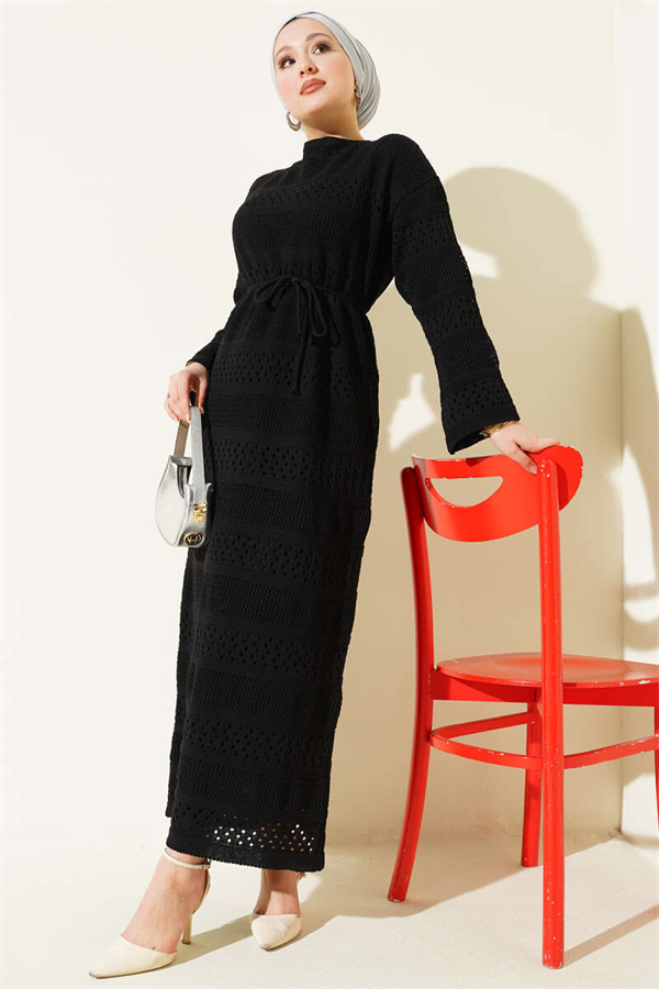 Striped Openwork Pattern Knitted Dress Black