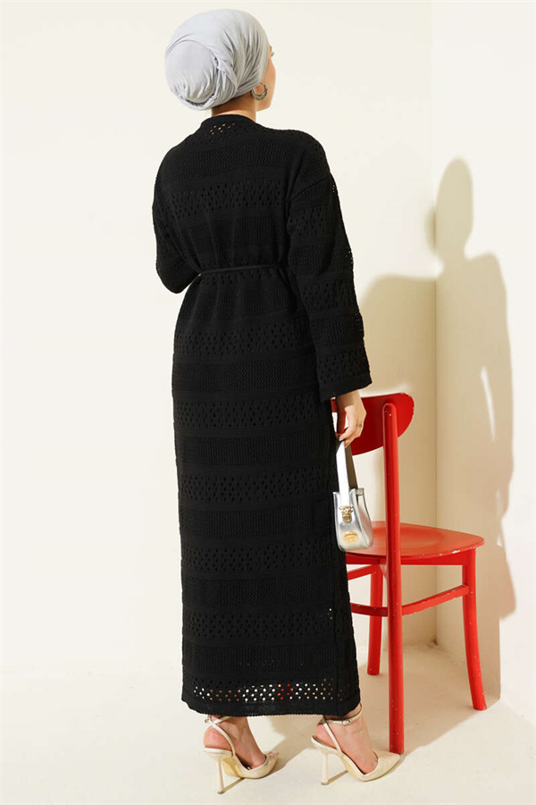 Striped Openwork Pattern Knitted Dress Black