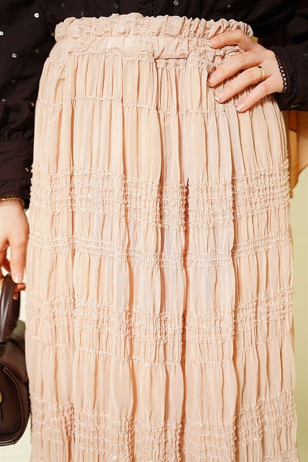 Ribbed Sequin Chiffon Skirt, Beige