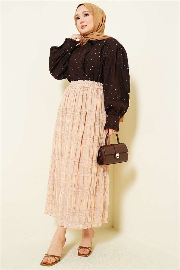 Ribbed Sequin Chiffon Skirt, Beige