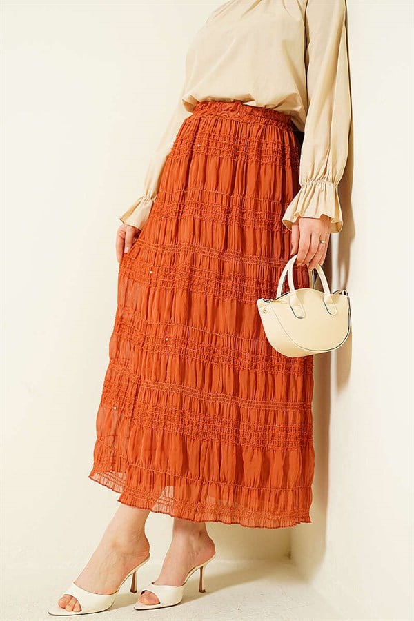 Striped Gathered Sequin Chiffon Skirt in Terracotta