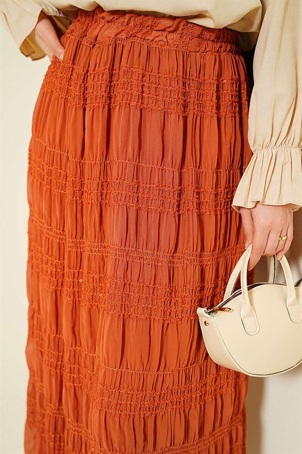 Striped Gathered Sequin Chiffon Skirt in Terracotta