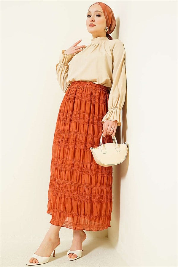 Striped Gathered Sequin Chiffon Skirt in Terracotta