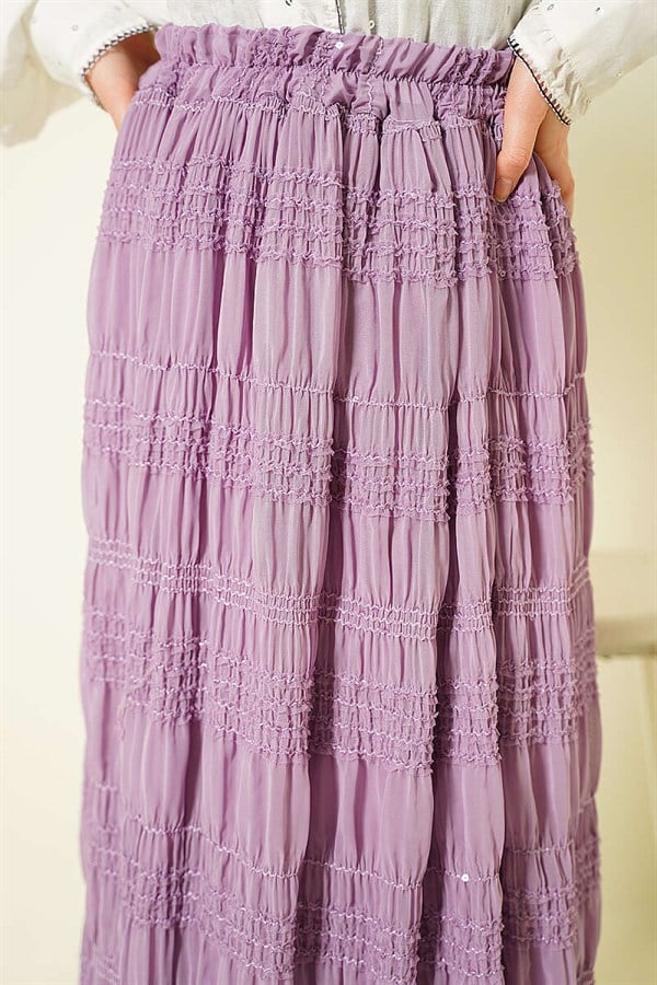 Striped Gathered Sequin Chiffon Skirt Lilac