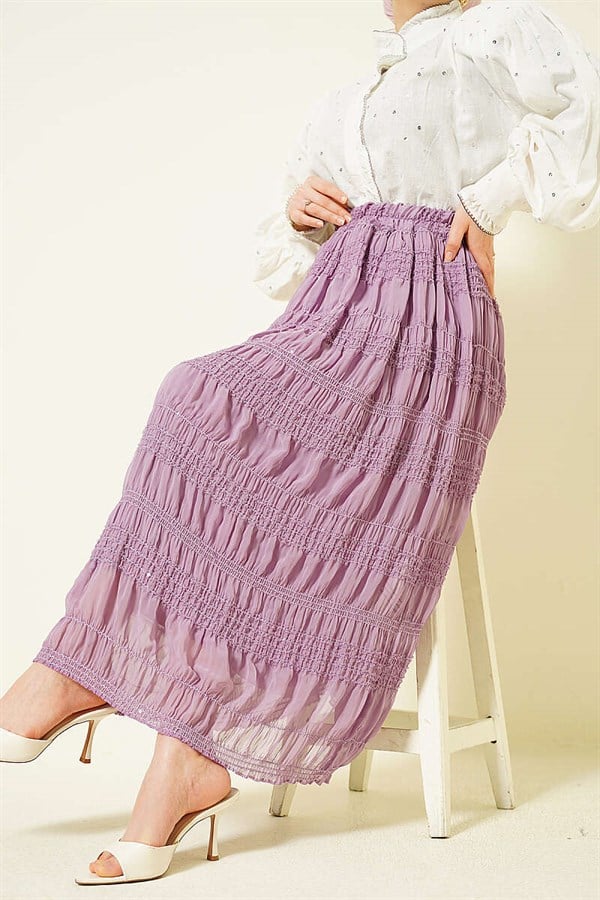 Striped Gathered Sequin Chiffon Skirt Lilac