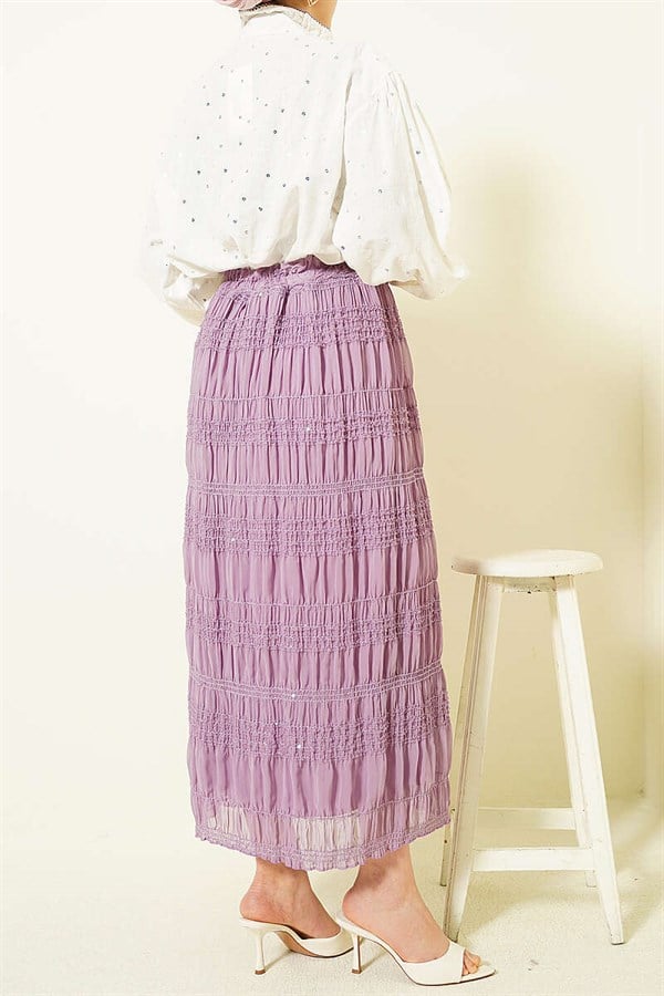Striped Gathered Sequin Chiffon Skirt Lilac