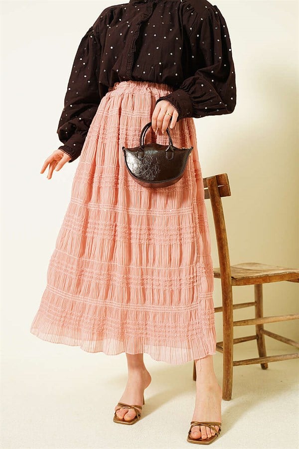 Striped Gathered Sequin Chiffon Skirt Powder Pink
