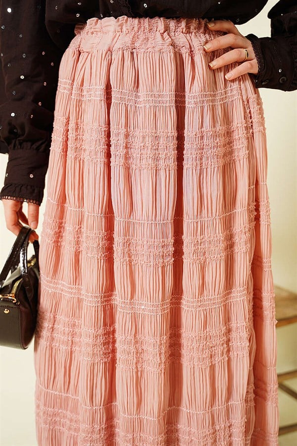 Striped Gathered Sequin Chiffon Skirt Powder Pink