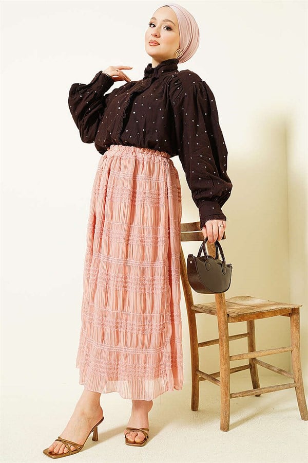 Striped Gathered Sequin Chiffon Skirt Powder Pink