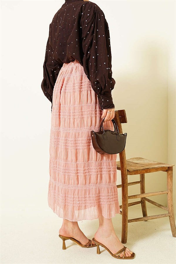 Striped Gathered Sequin Chiffon Skirt Powder Pink