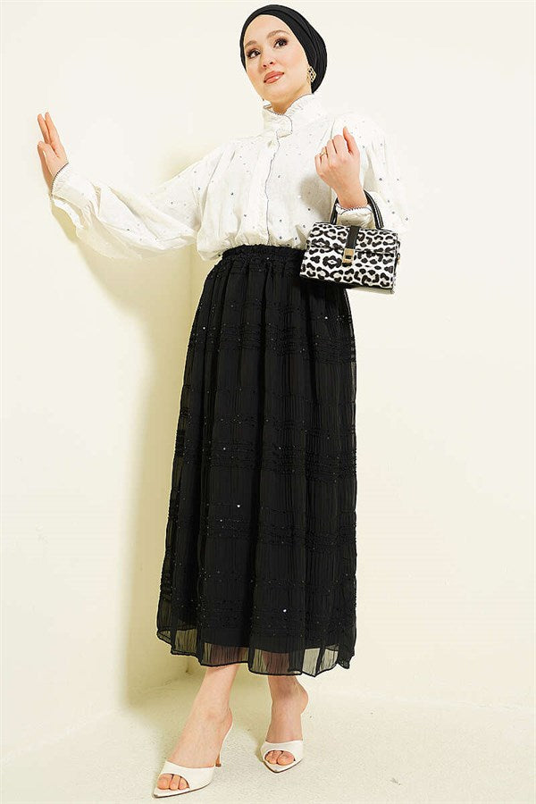Striped Gathered Sequin Chiffon Skirt, Black