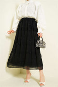 Striped Gathered Sequin Chiffon Skirt, Black