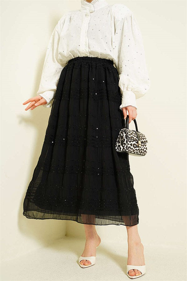 Striped Gathered Sequin Chiffon Skirt, Black