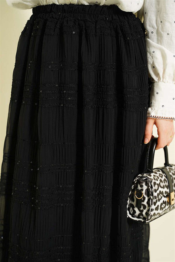 Striped Gathered Sequin Chiffon Skirt, Black