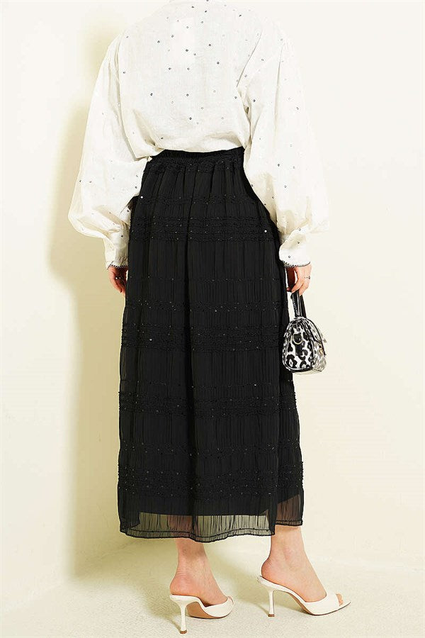 Striped Gathered Sequin Chiffon Skirt, Black