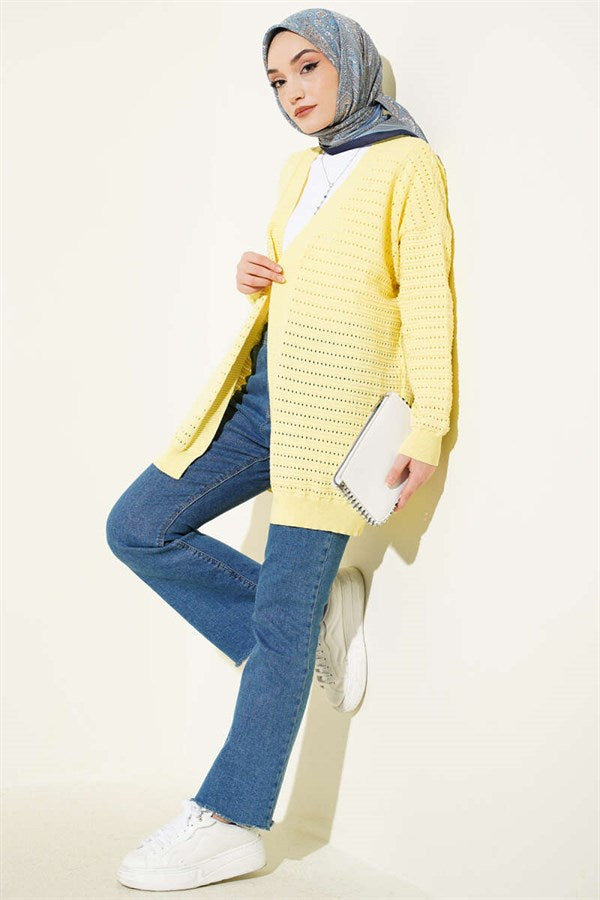 Striped Openwork Knit Cardigan Yellow