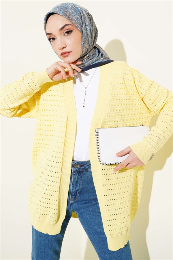 Striped Openwork Knit Cardigan Yellow