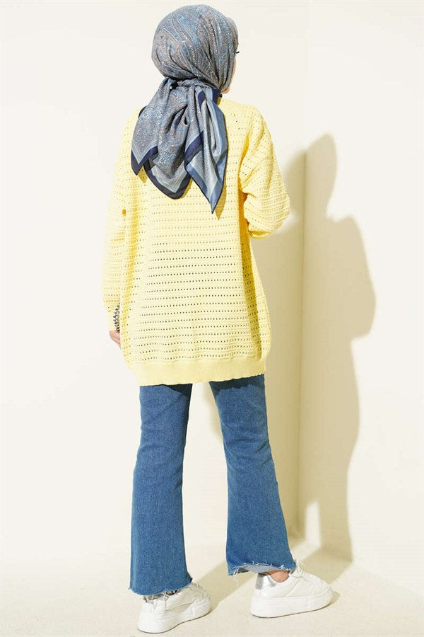 Striped Openwork Knit Cardigan Yellow