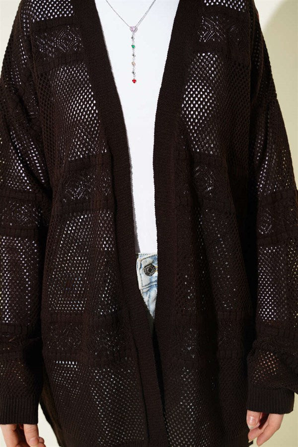 Striped Openwork Knit Cardigan, Brown