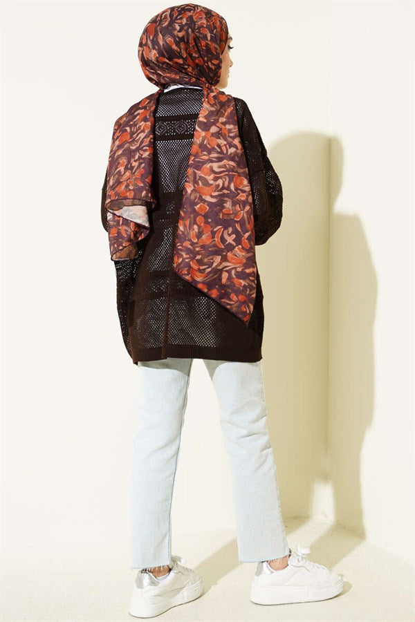 Striped Openwork Knit Cardigan, Brown