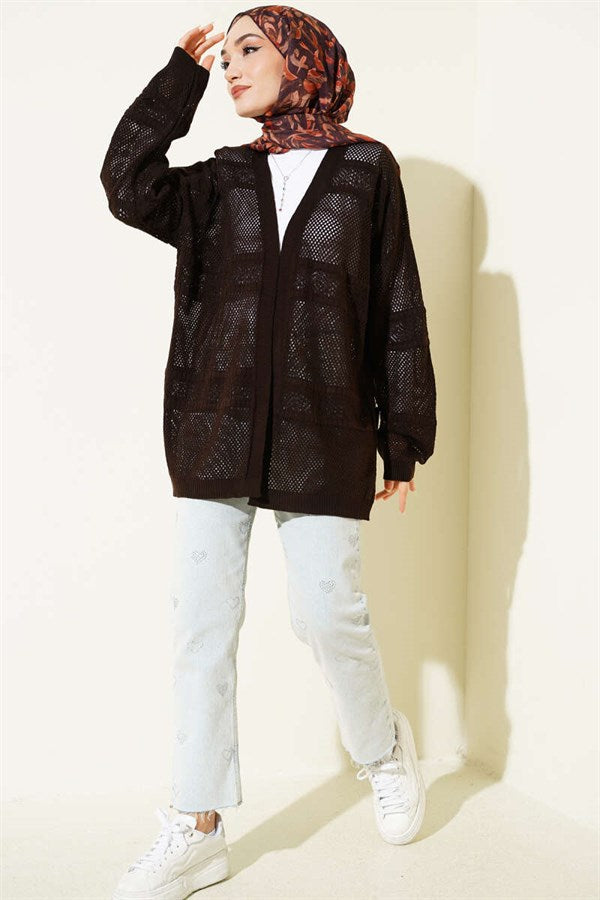 Striped Openwork Knit Cardigan, Brown