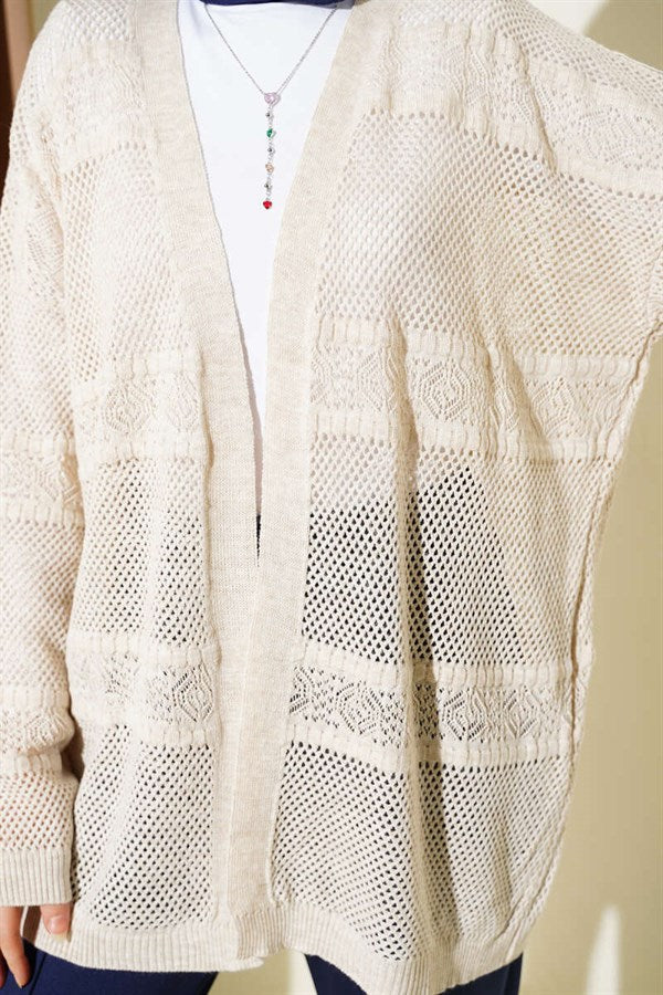 Striped Pattern Openwork Knit Cardigan Stone