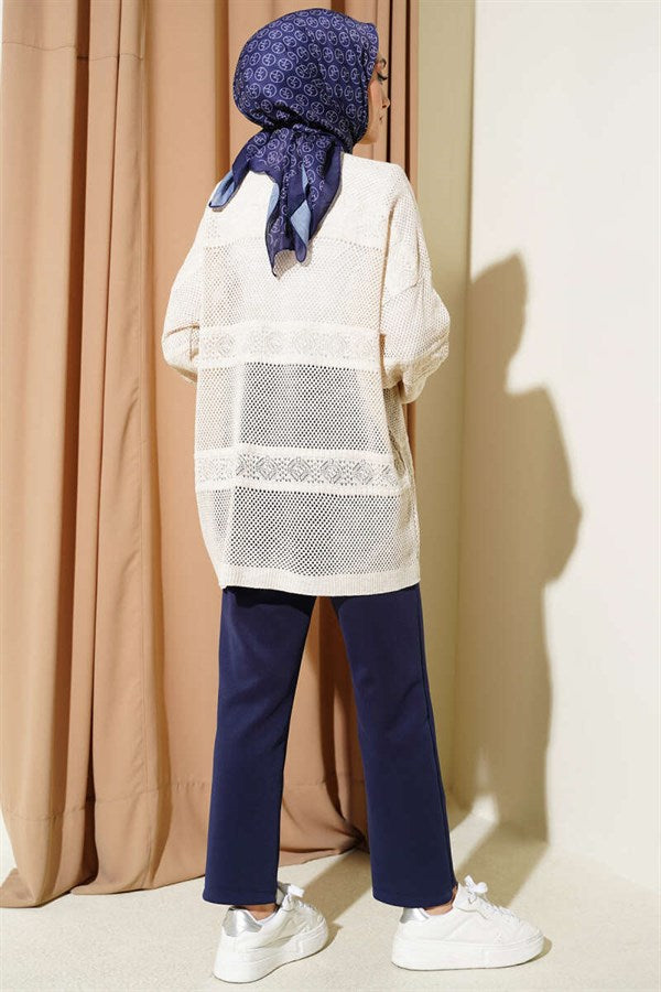 Striped Pattern Openwork Knit Cardigan Stone