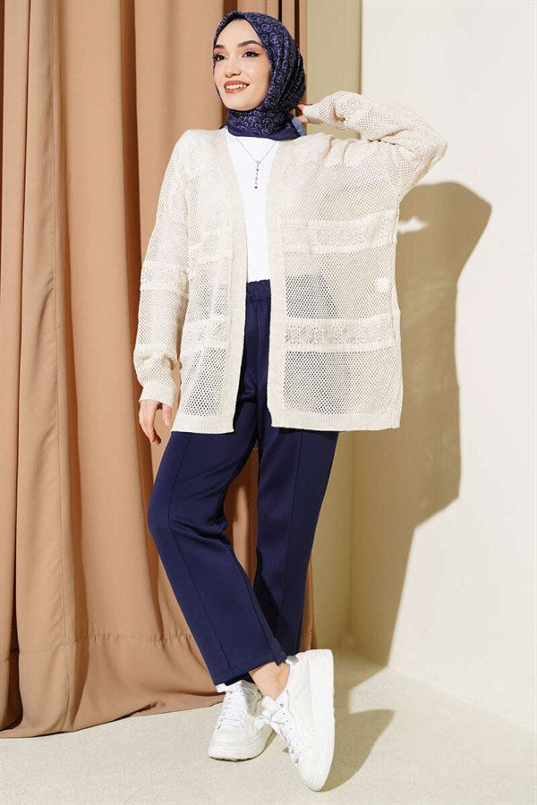 Striped Pattern Openwork Knit Cardigan Stone
