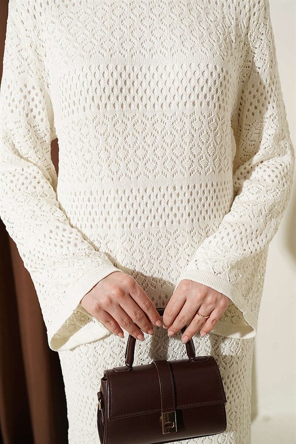 Striped Patterned Perforated Knit Dress, Ecru