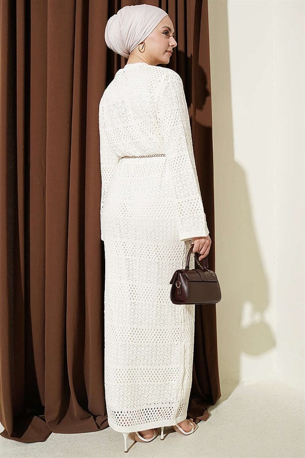 Striped Patterned Perforated Knit Dress, Ecru