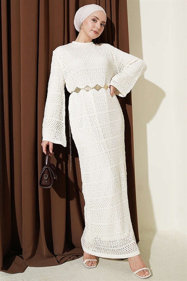 Striped Patterned Perforated Knit Dress, Ecru