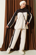 Striped Detail Zippered 2 Piece Set, Beige