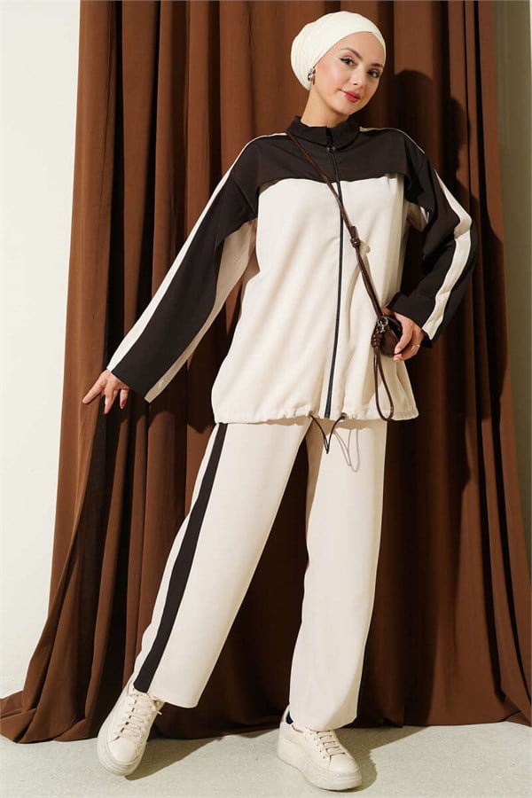 Striped Detail Zippered 2 Piece Set, Beige