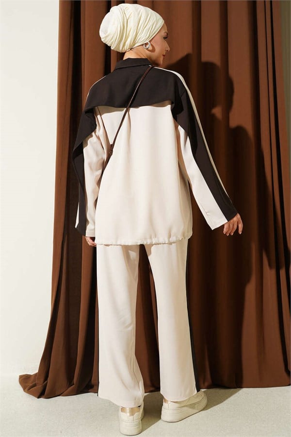 Striped Detail Zippered 2 Piece Set, Beige