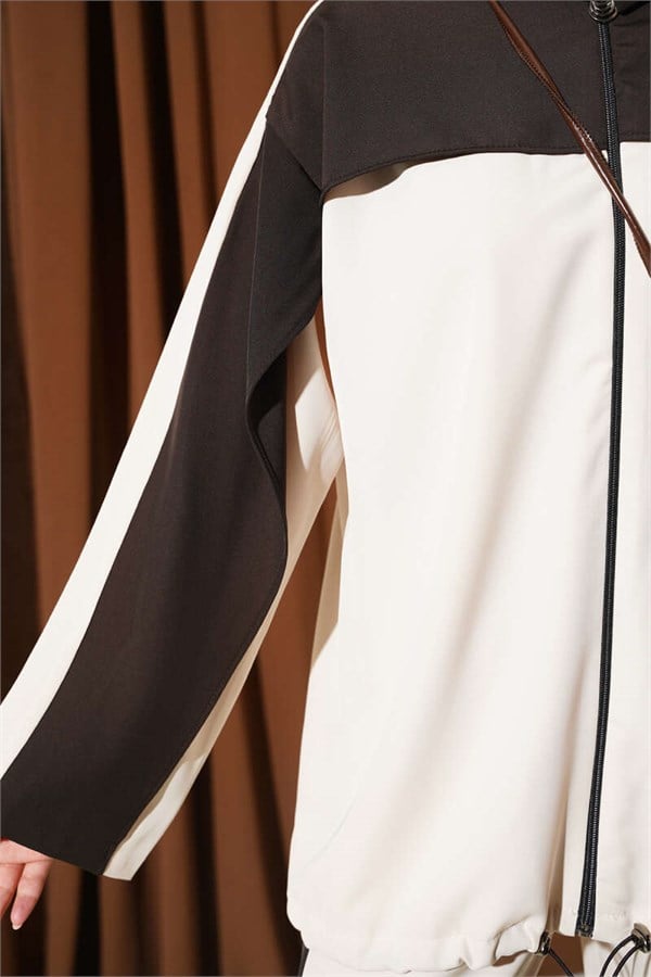 Striped Detail Zippered 2 Piece Set, Beige