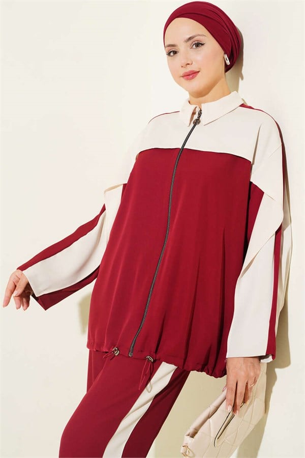 2 Piece Set with Striped Detail and Zipper, Burgundy