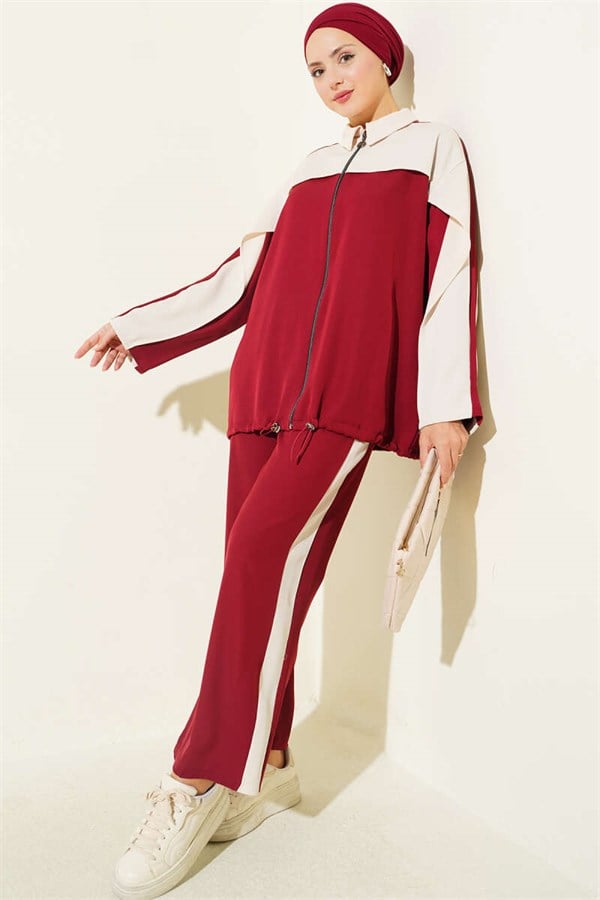 2 Piece Set with Striped Detail and Zipper, Burgundy