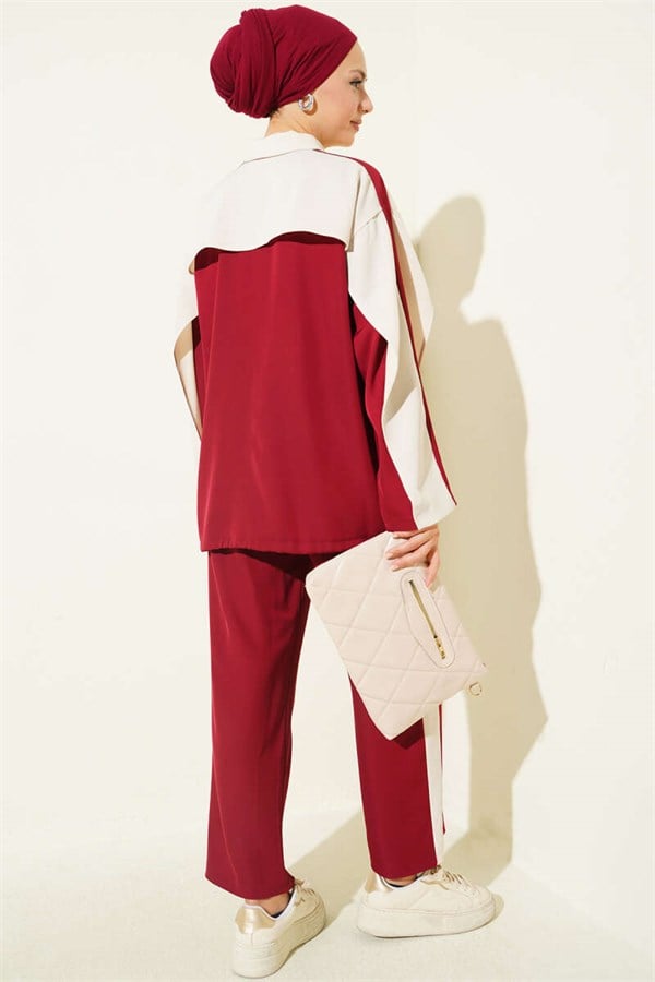 2 Piece Set with Striped Detail and Zipper, Burgundy