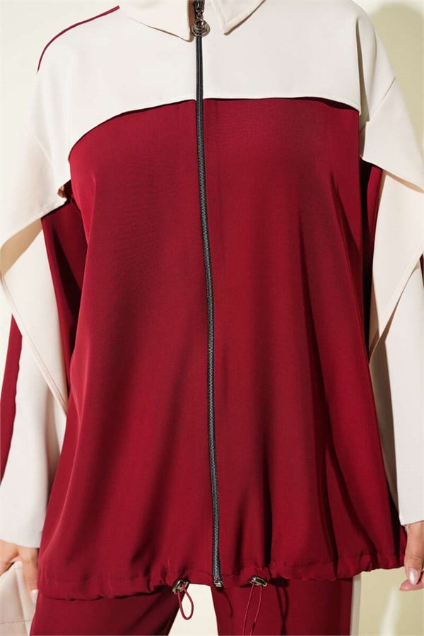 2 Piece Set with Striped Detail and Zipper, Burgundy