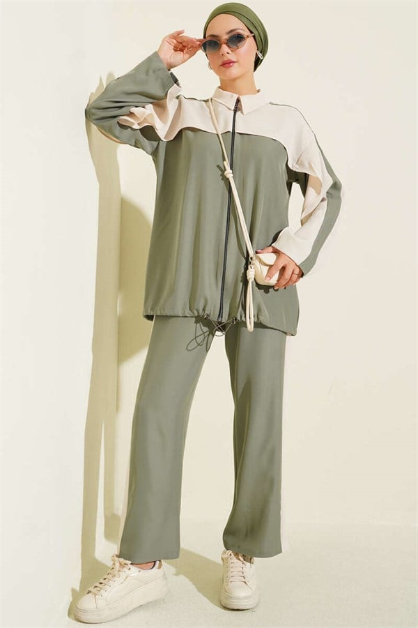 Striped Detail Zippered 2 Piece Set, Khaki