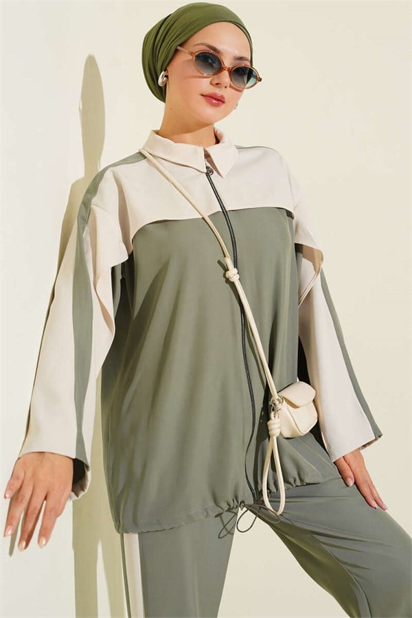 Striped Detail Zippered 2 Piece Set, Khaki