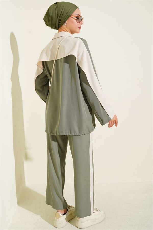 Striped Detail Zippered 2 Piece Set, Khaki