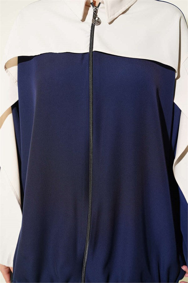 Striped Detail Zip-Up 2 Piece Set, Navy Blue