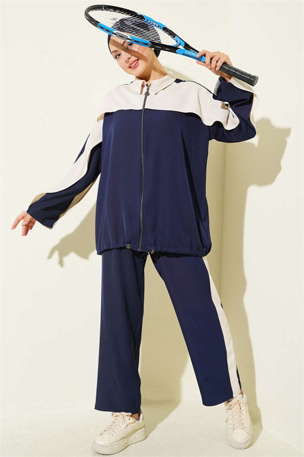 Striped Detail Zip-Up 2 Piece Set, Navy Blue