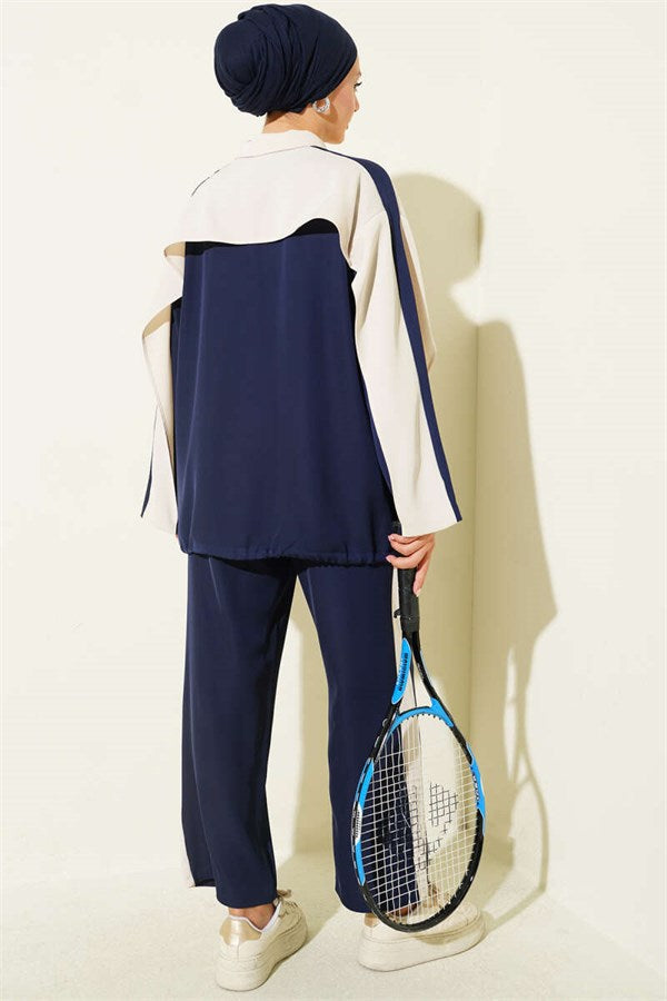 Striped Detail Zip-Up 2 Piece Set, Navy Blue